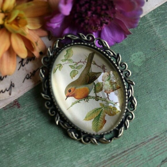NEW - Robin Brooch - Large Oval - Cottagecore - Bird - Nature Jewelry - Pin - Picture 3 of 3